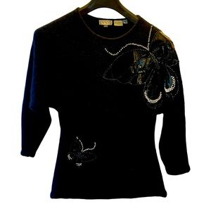Vintage Ovvio Wool Embroidered Sequined Black Sweater Size S